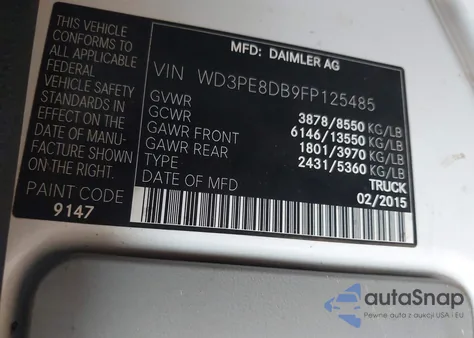 2015 Mercedes-Benz Sprinter 2500 High Roof из США, поврежденный, VIN WD3PE8DB9FP125485